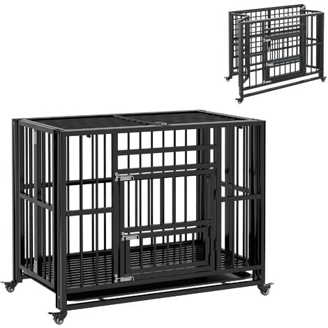 PawHut Hundekäfig, Haustierkäfig, Klappbare Hundehütte für kleine und mittelgroße Hunde, Hundebox mit Doppeltüren, Rollen, Hundehaus, Stahl, Schwarz, 94 x 58 x 78 cm