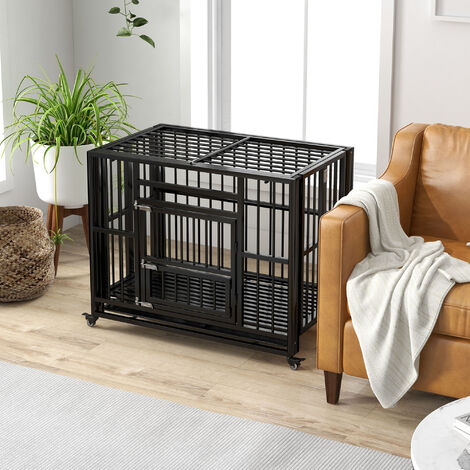 PawHut Hundekäfig, Haustierkäfig, Klappbare Hundehütte für kleine und mittelgroße Hunde, Hundebox mit Doppeltüren, Rollen, Hundehaus, Stahl, Schwarz, 94 x 58 x 78 cm