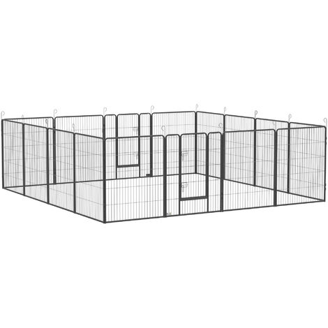 PawHut Welpenauslauf, Welpenlaufstall mit 16 Gitter je 80x100 cm, Freigehege für Große, Mittlere, Kleine Hunde, Kleintierauslauf, DIY Welpengehege mit zwei Türen, Stahl, Grau, 320 x 320 x 100 cm