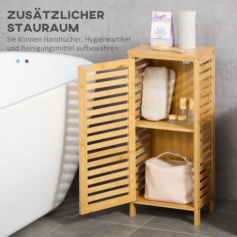 Kleankin Badezimmerschrank Bambus 60x30x120cm - Badschrank Mit 2 Türen & Offenen Fächern