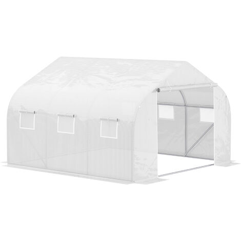 Outsunny Foliengewächshaus, 4,45 x 3 x 2,05 m Gewächshaus, Tomatenhaus mit UV-Schutz, Mesh-Fenster, Winddichtes Treibhaus für Garten, Balkon, Metall, Weiß