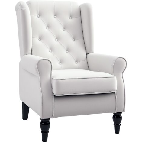 HOMCOM Sessel Ohrensessel mit Armlehnen, Loungesessel mit Kissen, Tufting, hoher Rückenlehne Armlehnensessel mit Holzbeine, Relaxsessel für Wohnzimmer, Schlafzimmer, Cremeweiß