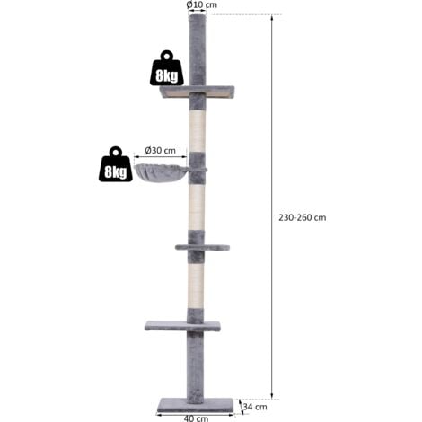 PawHut Kratzbaum Deckenhoch höhenverstellbar, stabiler Katzenbaum mit Sisalsäulen, Katzen Kletterbaum, Grau, 40 x 34 x 230-260 cm