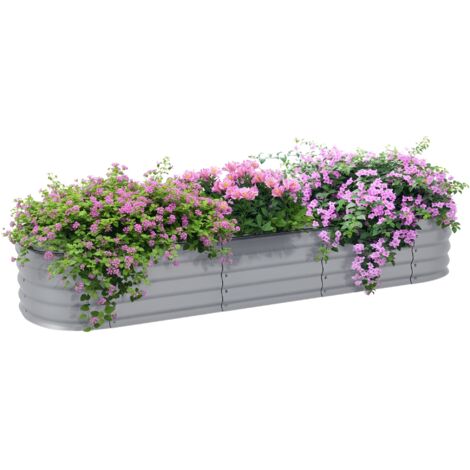 Outsunny Hochbeet Metall, Pflanzkasten, Gemüsebeet, DIY Blumenkasten mit offenem Boden, Kräuterbeet für Garten, Balkon, Silber 195 x 62 x 30 cm