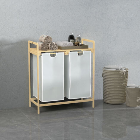 HOMCOM Bambus Wschekorb 2 Fcher Wschesammler mit Griff, 2 abnehmbaren  Wschesacke, Plattform, Wschebox Wschesortierer fr Waschkche  Schlafzimmer Badezimmer Natur+Creme