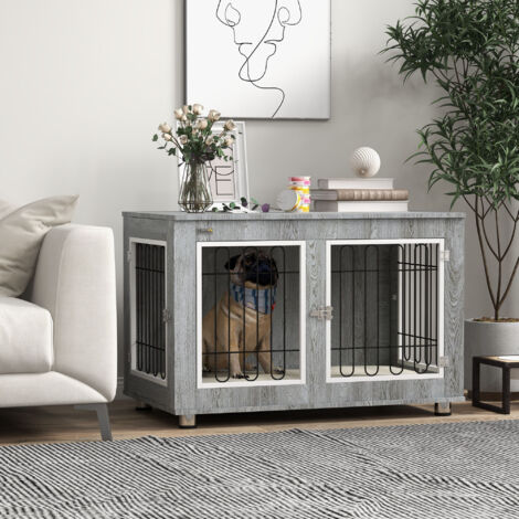 PawHut Hundekäfig, Hundehütte, Haustierkäfig mit Kissen, 2 Verriegelungen für Mittelegroße Hunde, Hundebox mit Doppeltüren, Hundehaus, Grau, 90 x 58 x 65 cm