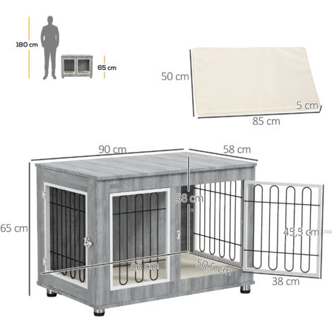 PawHut Hundekäfig, Hundehütte, Haustierkäfig mit Kissen, 2 Verriegelungen für Mittelegroße Hunde, Hundebox mit Doppeltüren, Hundehaus, Grau, 90 x 58 x 65 cm