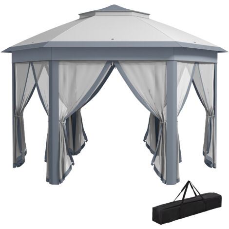 Outsunny Gartenpavillon Faltpavillon 4 x 4 m Pop-Up-Zelt Partyzelt inkl. Tragetasche 6 Seitenteile Doppeldach sechseckig Grau