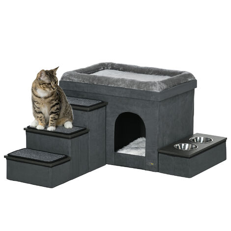 PawHut Katzenhöhle Katzenhütte mit Treppe, Katzenhaus mit 2 Edelstahlnäpfen, Katzenbett, Hundehaus mit Kissen, für Katzen, Hunde bis 8 kg, Polyester, 78 x 48 x 49,5 cm, Grau