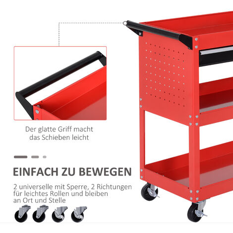 HOMCOM WERKSTATT-ROLLWAGEN mit 3 Etagen, Seitenlochregalen, Werkzeugwagen mit Haken online entdecken HOMCOM WERKSTATT-ROLLWAGEN mit 3 Etagen, Seitenlochregalen, Werkzeugwagen mit Haken online entdecken