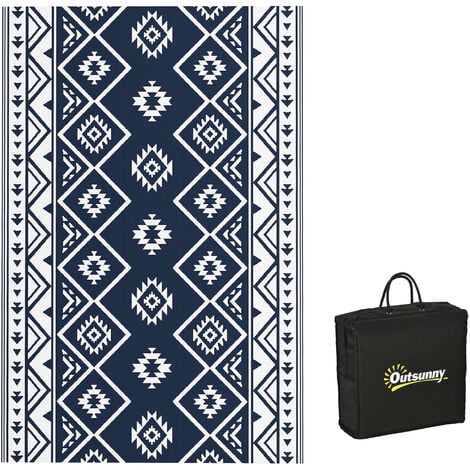 Outsunny Outdoorteppich, Wendeteppich Kunststoffteppich mit Tragetasche, Wasserabweisender Campingteppich für Balkon Terrasse, 182 x 274 cm, Dunkelblau+Weiß
