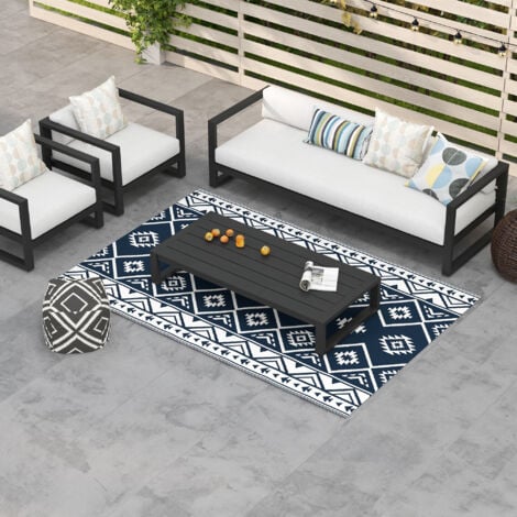 Outsunny Outdoorteppich, Wendeteppich Kunststoffteppich mit Tragetasche, Wasserabweisender Campingteppich für Balkon Terrasse, 182 x 274 cm, Dunkelblau+Weiß
