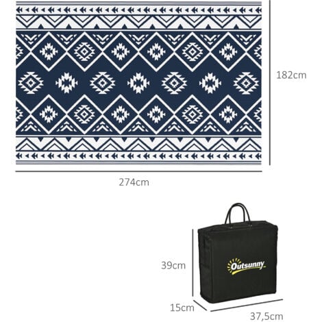 Outsunny Outdoorteppich, Wendeteppich Kunststoffteppich mit Tragetasche, Wasserabweisender Campingteppich für Balkon Terrasse, 182 x 274 cm, Dunkelblau+Weiß