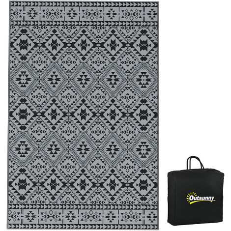 Outsunny Outdoor-Teppich, Kunststoffteppich Wasserabweisender Wendeteppich, Gartenteppich für Camping, Terrasse, Schwarz+Grau, 182 x 274 cm