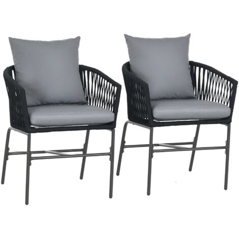 Outsunny 2er-Set Gartenstühle mit Kissen Gartenmöbel im Boho-Stil Gartensessel Set, Gartenstuhl, Terrassenstuhl, Balkonstuhl, Metallrahmen, Schwarz, 57 x 60 x 71 cm