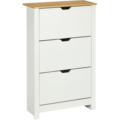 HOMCOM Schuhschrank mit 3 Klappen, Schuhregal, Schuhkipper Schmal mit verstellbar Trennwand, Schuhkommode für 18 Paar Schuhe 72 x 26 x 112 cm, Weiß+Natur