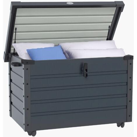 Outsunny Gartenbox, Aufbewahrungsbox mit Rollen, Aufbewahrungskiste mit Schloss, Griff, Gartentruhe für Balkon, Terrasse 100 x 62 x 65 cm, Dunkelgrau
