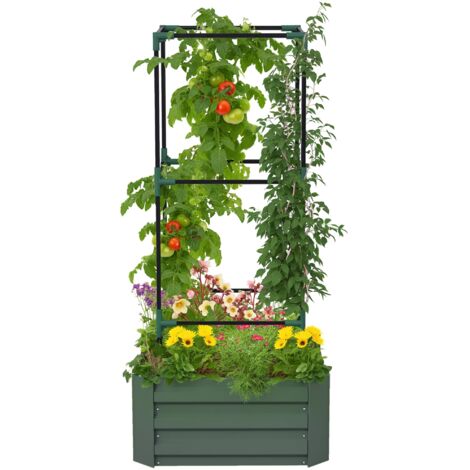 Outsunny Hochbeet mit Rankhilfe, Blumenkasten mit Offenem Boden, Gemüsebeet, Pflanzkasten, Kräuterbeet für Garten, Balkon, Verzinkter Stahl, Grün, 61 x 61 x 140 cm