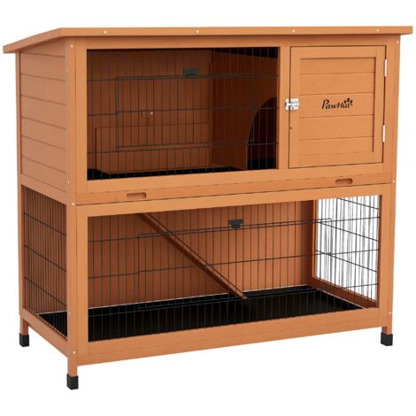 PawHut Kaninchenstall aus Holz 2-stöckiger Kleintierstall Kleintierkäfig mit Paletten, Rampe Kleintierhaus mit Außengehege Asphaltdach für 2 Kaninchen Orange 123 x 63 x 112 cm