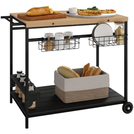 Outsunny Servierwagen, Gartenrollwagen mit 2 Ebenen, Barbecue Trolley mit Aufbewahrungskorb, Outdoor Küchenwagen mit Griff, Becherhalter für Balkon, Tanne, Natur, 97,5 x 65 x 81 cm