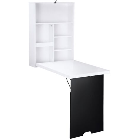 HOMCOM Schreibtisch Wandtisch Wandklapptisch mit Tafel, 5 Fächern, Klappschreibtisch Klappbarer Computertisch für Büro Weiß+Schwarz 60 x 94,5 x 147 cm