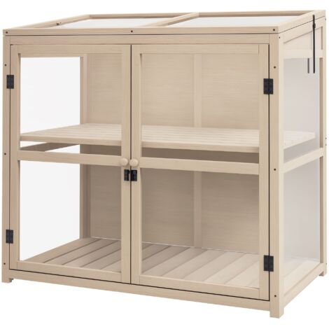 Outsunny Frühbeet aus Holz Gewächshaus 2-Stufiges Treibhaus mit Doppeltür, Dachfenster, Winddichtes Hochbeet, für Garten, Balkon, Natur, 103 x 61 x 103 cm