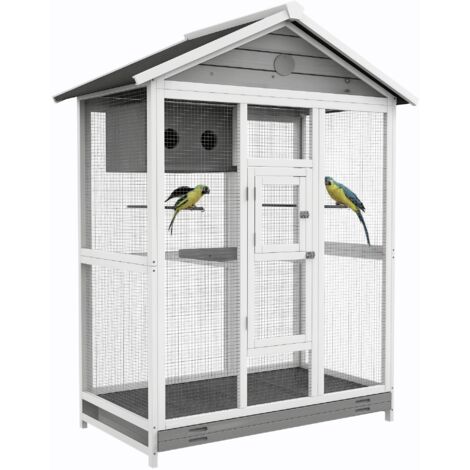 PawHut Vogelvoliere aus Holz Vogelkäfig groß Wellensittichkäfig mit 4 Sitzstangen, Vogelbauer mit Ausziehbarer Bodenwanne, Vogelhaus für Kanarienvögel, Tanne, 112 x 68 x 154 cm