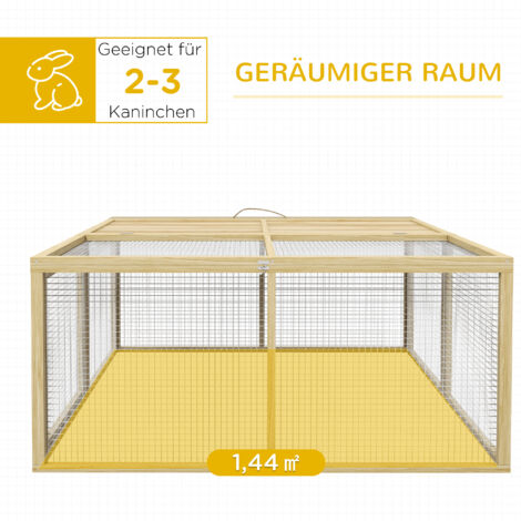 PawHut Kaninchenstall aus Holz Hasenstall mit Freilaufgehege Rädern Klappdach für Innen, draußen 92 x 52 x 67 cm Dunkelgrau
