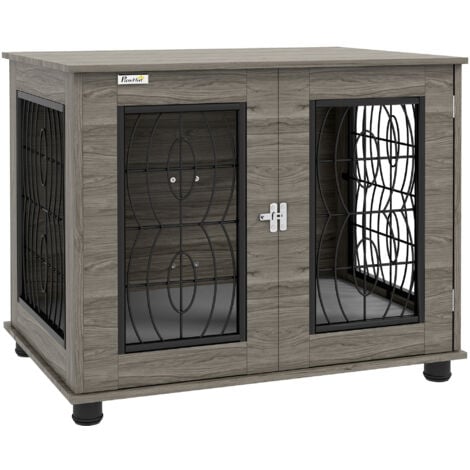 PawHut Hundekäfig Möbel mit abschließbar Tür Kissen, Metall Hundebox für Zuhause Indoor Hundehütte für mittelgroße Hunde bis zu 20 kg Beistelltisch Hundehaus 80 x 56 x 63 cm Grau