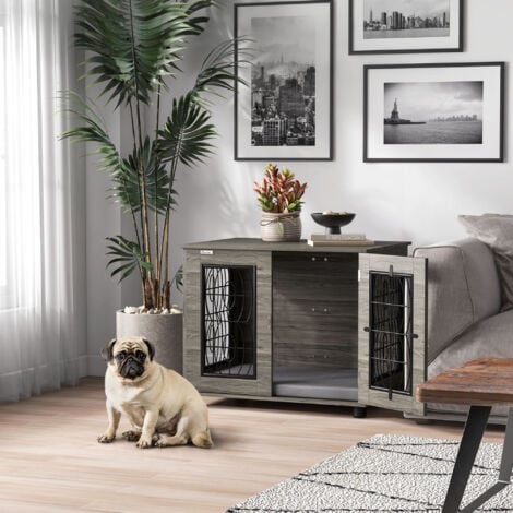 PawHut Hundekäfig Möbel mit abschließbar Tür Kissen, Metall Hundebox für Zuhause Indoor Hundehütte für mittelgroße Hunde bis zu 20 kg Beistelltisch Hundehaus 80 x 56 x 63 cm Grau