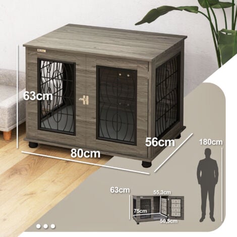 PawHut Hundekäfig Möbel mit abschließbar Tür Kissen, Metall Hundebox für Zuhause Indoor Hundehütte für mittelgroße Hunde bis zu 20 kg Beistelltisch Hundehaus 80 x 56 x 63 cm Grau
