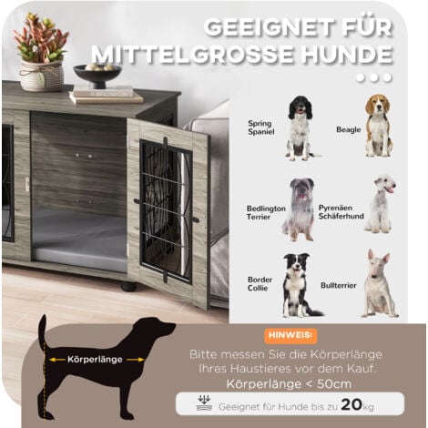 PawHut Hundekäfig Möbel mit abschließbar Tür Kissen, Metall Hundebox für Zuhause Indoor Hundehütte für mittelgroße Hunde bis zu 20 kg Beistelltisch Hundehaus 80 x 56 x 63 cm Grau