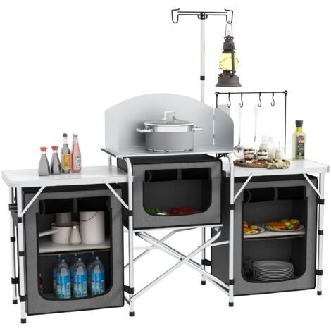 Outsunny Camping Küche faltbar Campingschrank mit Aluminiumgestell, Lichtständer, Campingküche mit Staufächern Arbeitsplatte Windschutz, Reiseküche, Outdoor Küchenschrank für Camping Reisen