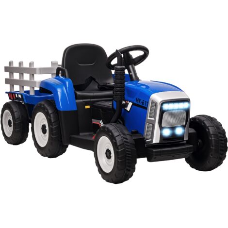 HOMCOM Elektrischer Traktor mit Anhänger 12V Kinder Aufsitztraktor mit 2,4G Fernbedienung, 2 Motor, Musik, Hupe & USB Funktionen, Kinder Elektroauto für 3-6 Jahre Kinder, Blau