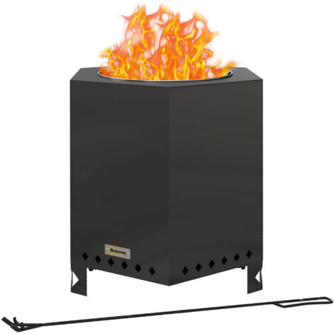 Outsunny Feuerschale, rauchfreier Tischfeuer, Feuerstelle mit Schürhaken, Feuerkorb für Garten, Camping, Terrasse, Metall, Schwarz