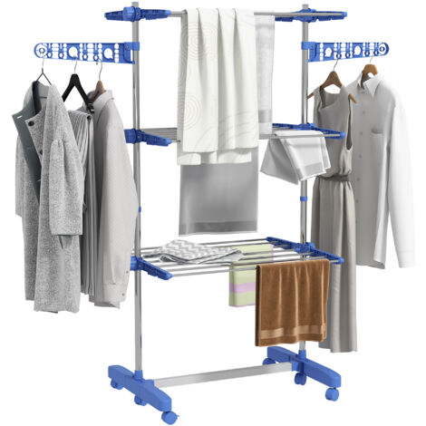 HOMCOM Wäscheständer Turm Standtrockner mit 3 Ebenen, klappbare Flügel, Rollen, Turmwäscheständer für Innen und Außen, 142 x 55 x 152 cm, Blau
