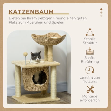 PawHut Katzen Kratzbaum Klein, 74 cm Katzenbaum mit Katzenhöhle, Spielball, Indoor Kletterturm mit Bett, Kratzmöbel für Katzen bis 5 kg, Beige