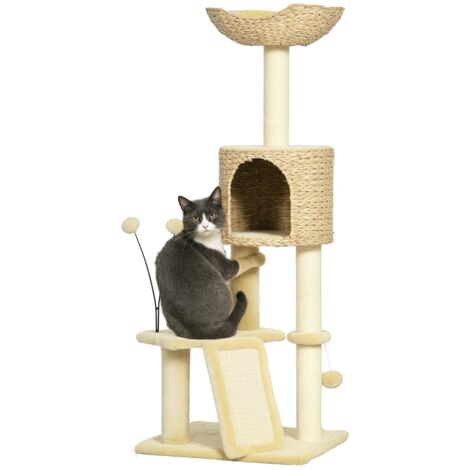 PawHut Katzen Kratzbaum 116 cm Katzenbaum mit Katzenhöhle, Katzenbett, Indoor Kletterturm mit Spielball, Kratzbrett, Plüsch Kratzmöbel für Katzen bis 5 kg, Beige