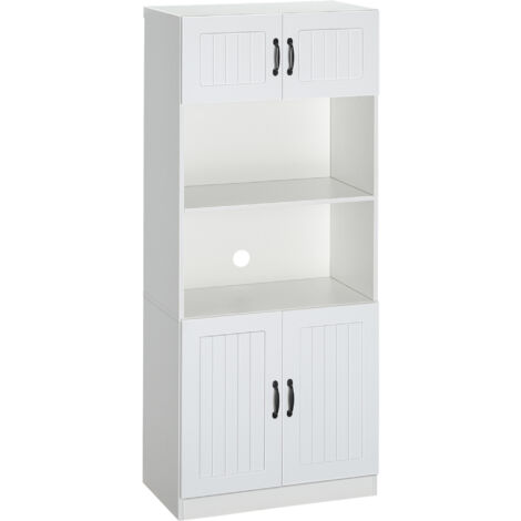 HOMCOM Küchenschrank Küchenbuffet Hochschrank mit 2 Regalen und 2 Schränken Esszimmerschrank mit verstellbaren Regalböden Mikrowellenregal Anti-Kipp-Gurt Landhausstil Weiß