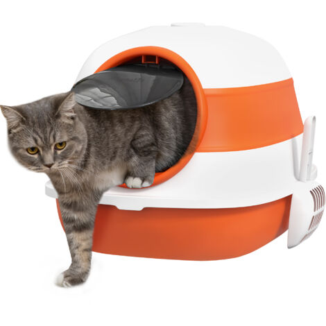 PawHut Katzenklo mit Deckel zusammenklappbare Katzentoilette mit Haube Schaufel Deodorant Bodengitter Katzentoilette für Katzen bis 5 kg 52 x 41 x 38 cm Weiß+Orange
