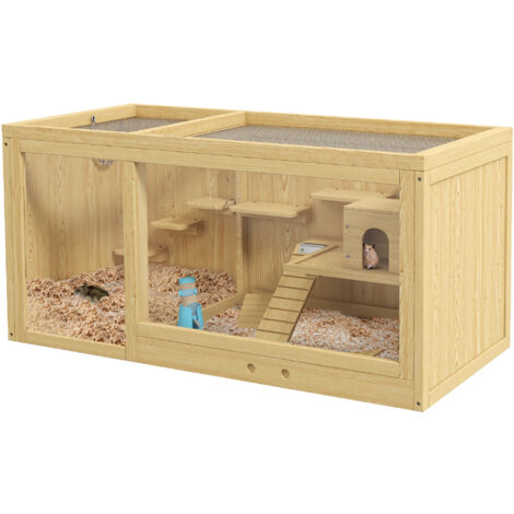 PawHut Hamsterkäfig aus Holz Nagerkäfig Kleintierkäfig mit klappbarem Deckel Schaukeln, Leitern Futternapf und Zubehör, Holzkäfig Käfig für Hamster Zwerghamster Rennmaus 100 x 50 x 50cm Natur