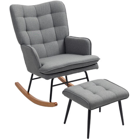 HOMCOM Schaukelstuhl Schwingsessel mit Hocker, Armlehnsessel, Sessel mit Leinenoptik, Schaukelsessel bis 130 kg Belastbarkeit für Schlafzimmer, Wohnzimmer, Dunkelgrau (1/5)