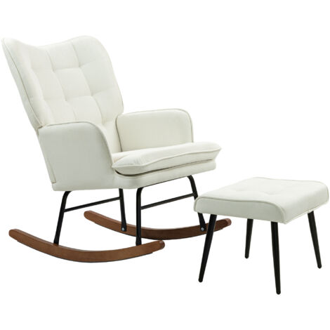 HOMCOM Schaukelstuhl Schwingsessel mit Hocker, Armlehnsessel, Sessel mit Leinenoptik, Schaukelsessel bis 130 kg Belastbarkeit für Schlafzimmer, Wohnzimmer, Cremeweiß (1/5)
