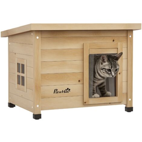 PawHut Katzenhaus aus Holz Winterfest wasserdicht Katzenhütte mit Asphaltdach Fenster Türvorhang Erhöhte Katzenhöhle Schutzhütte Outdoor Katzenkiste für Draußen Garten Balkon 57 x 45 x 43 cm Gelb