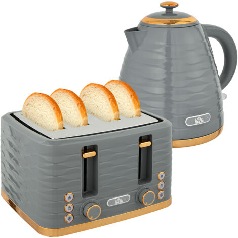 HOMCOM Wasserkocher Toaster Set Frühstück-Set mit 1,7L Wasserkocher, 4 Scheiben Toaster, 2200 W, 7 Bräunungsstufen, Auftauen, Aufwärmen und Krümelfach, Otter Thermostat, Grau