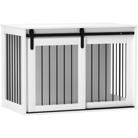 PawHut Hundekäfig Möbel mit Abschließbar Schiebetüren moderne Metall Hundebox für Zuhause Indoor Hundehütte für große Hunde bis zu 30 kg Hundehaus 98 x 58 x 61 cm Weiß
