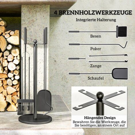 Relaxdays Kaminbesteck, 5 TLG. Kamingarnitur, Schürhaken, Schaufel, Besen, Zange & Ständer, Ofenbesteck Modern, Schwarz