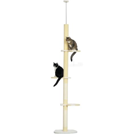 PawHut Kratzbaum deckenhoch Höhe 220-260 cm Katzenbaum mit Kratzsäulen, Spielbälle, Sisalstämme, Plattformen mehrstöckiger Katzenkratzbaum Kletterbaum für mittelgroße Katzen, Gelb