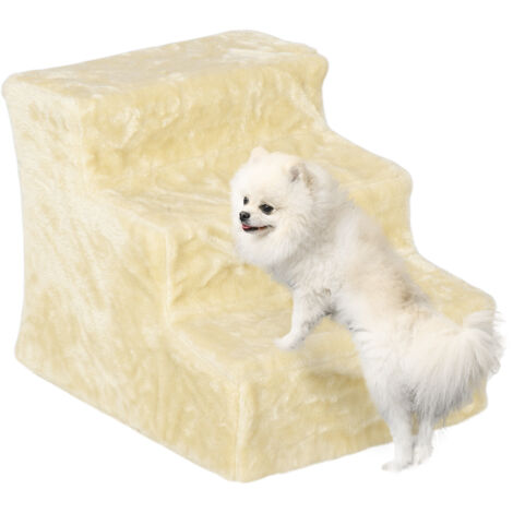PawHut Hundetreppe 3 Stufen 35 cm Hoch Haustiertreppe für kleine Hunde oder Katzen, Katzentreppe Hunderampe mit Waschbar Plüschbezug für Bett, Sofa, Couch, Beige