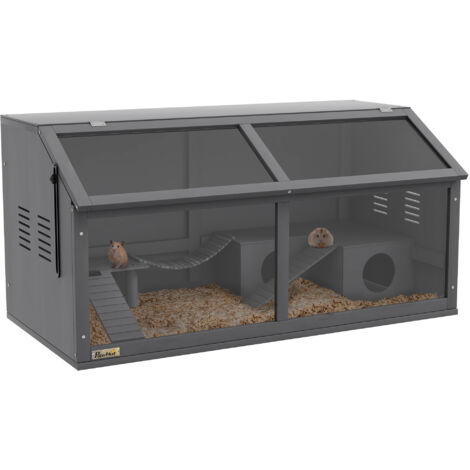 PawHut Hamsterkäfig aus Holz 100x80x60cm Nagerkäfig Kleintierkäfig mit klappbarem Deckel Hängebrücke Leitern, Käfig Holzkäfig für Hamster Zwerghamster Dunkelgrau